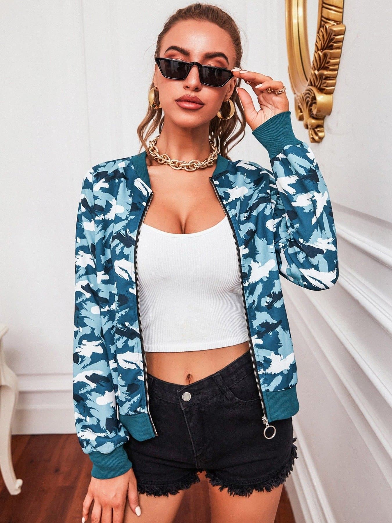 Baseball Collar Camo Print Zip-up Bomber Jacket
