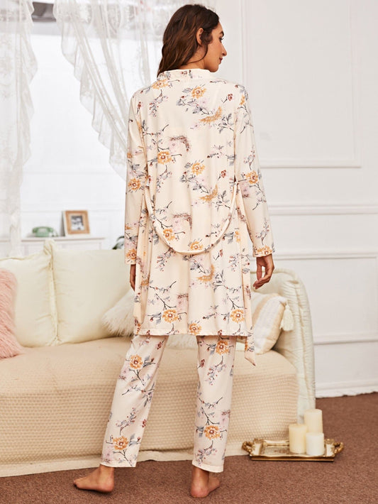 3pcs Spaghetti Strap Allover Floral Print Pyjama Sleepwear Set and Belted Robe