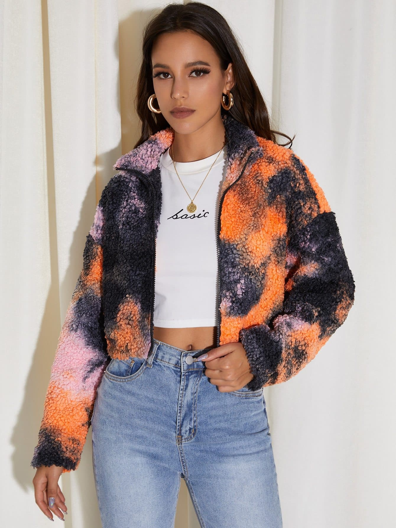 Drop Shoulder Tie Dye Zipper Teddy Jacket