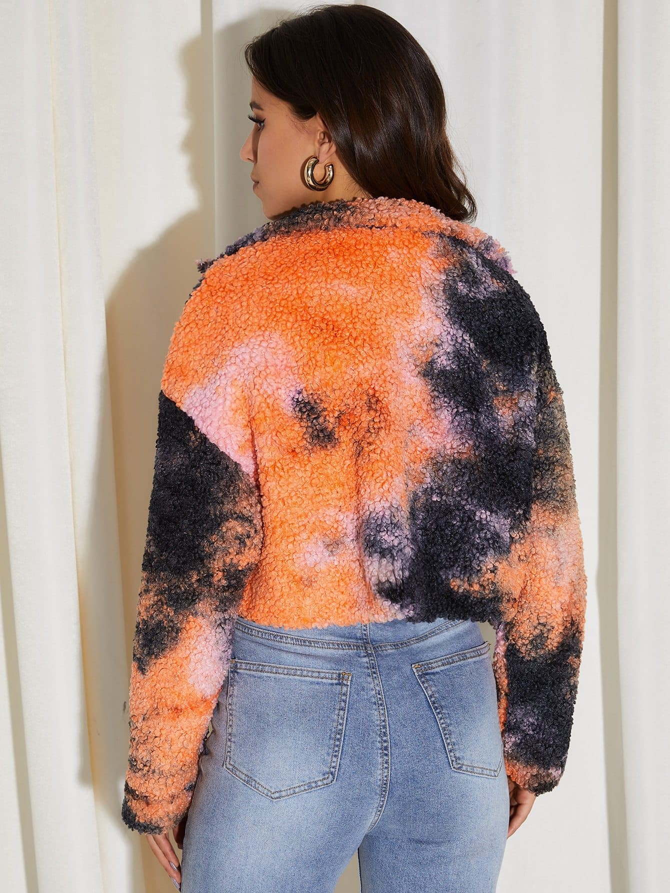 Drop Shoulder Tie Dye Zipper Teddy Jacket