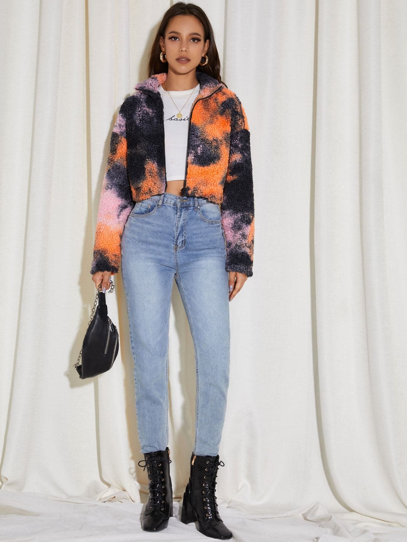 Drop Shoulder Tie Dye Zipper Teddy Jacket