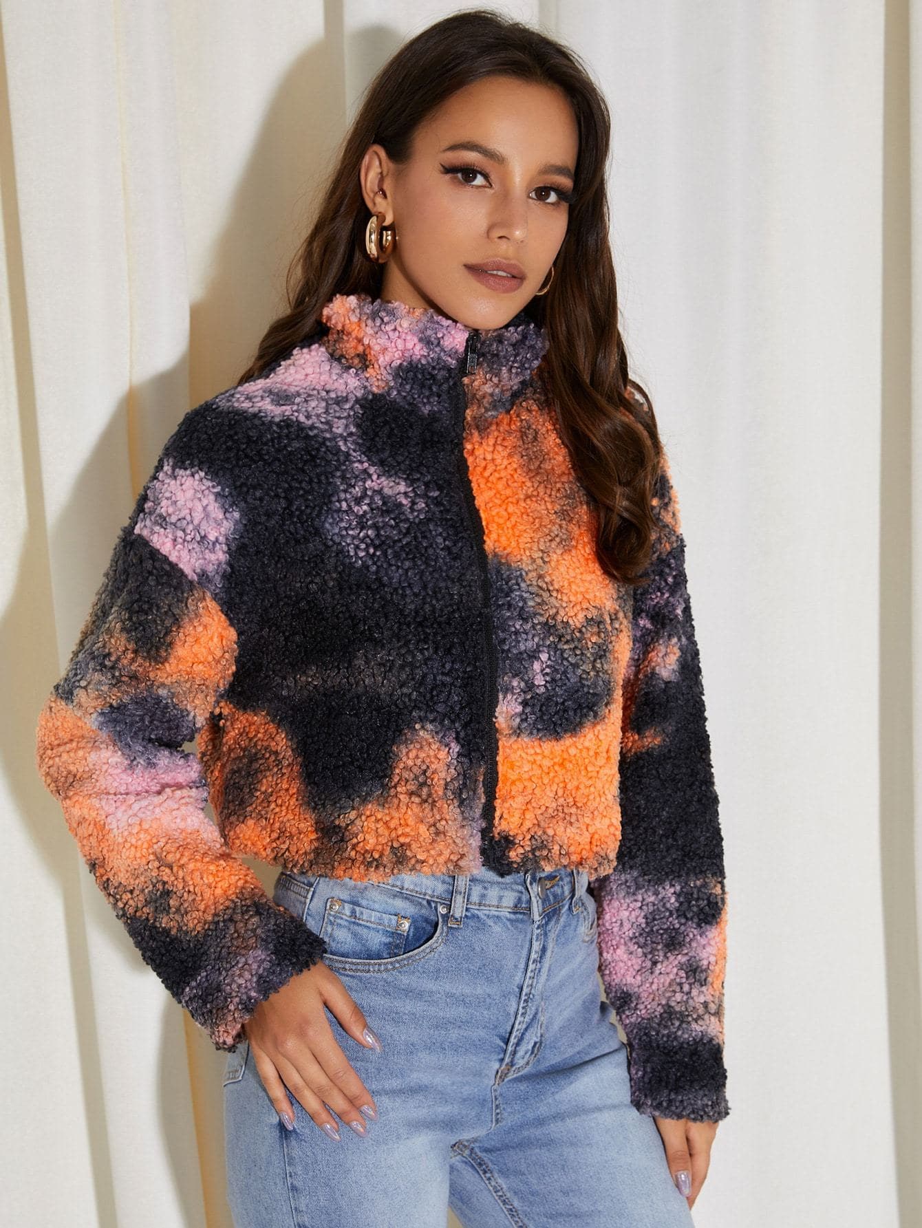 Drop Shoulder Tie Dye Zipper Teddy Jacket