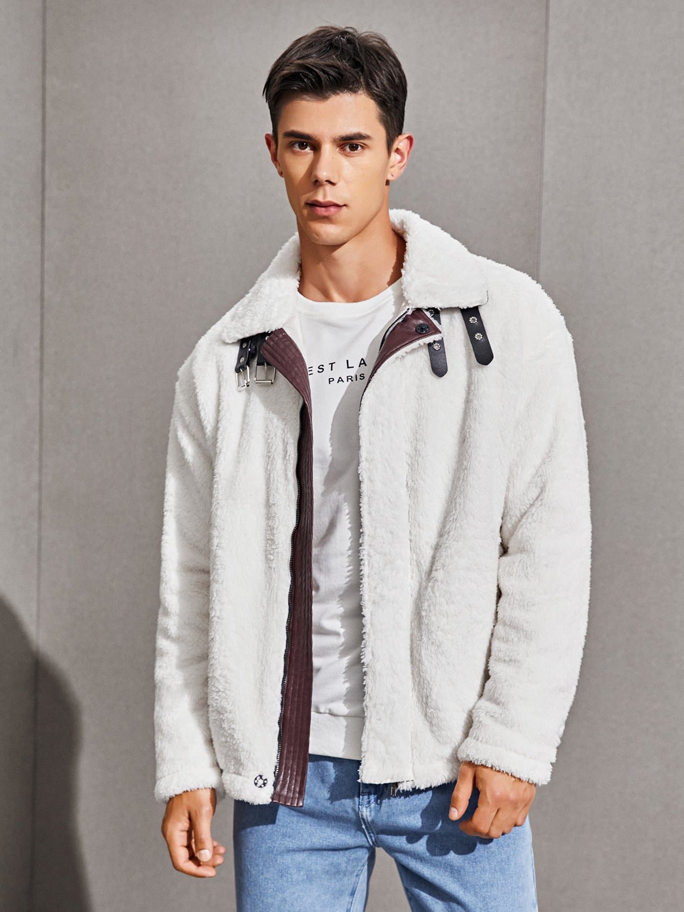 White Drop Shoulder Buckle Strap Zip Up Teddy Jacket