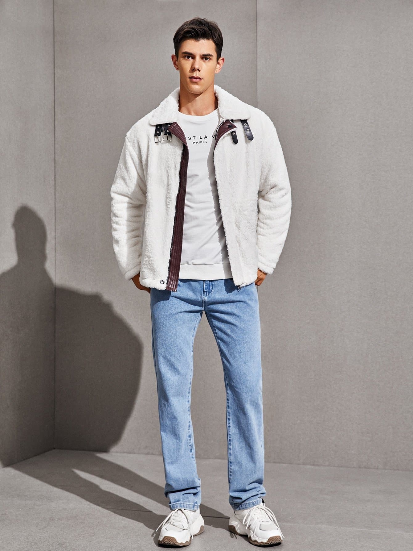 White Drop Shoulder Buckle Strap Zip Up Teddy Jacket