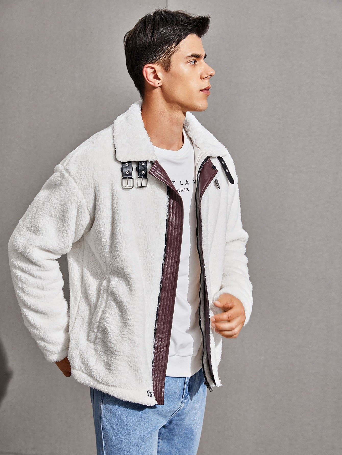 White Drop Shoulder Buckle Strap Zip Up Teddy Jacket