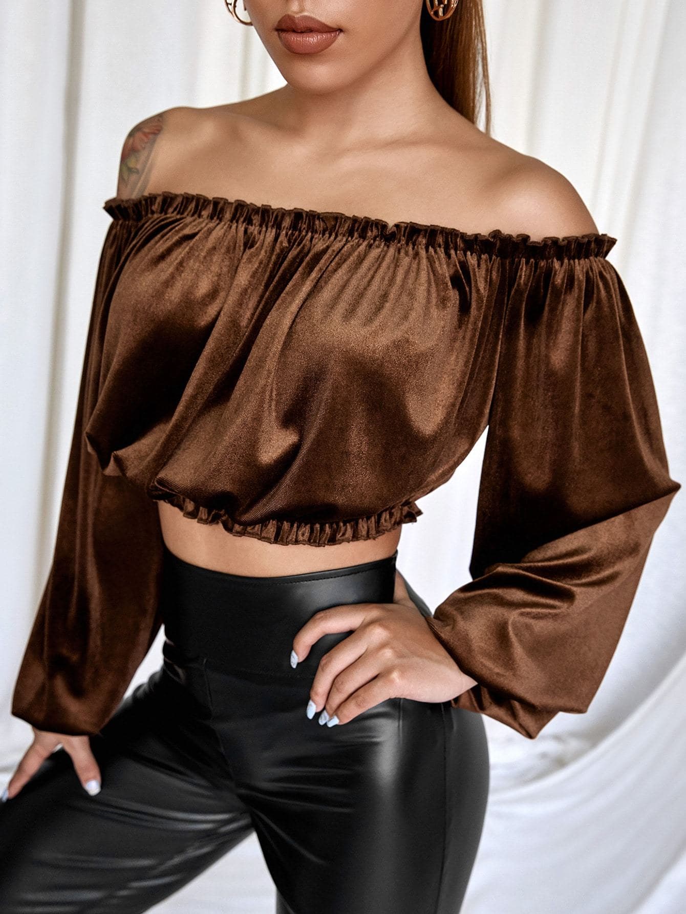 Off Shoulder Velvet Frill Trim Bishop Sleeve Bardot Top