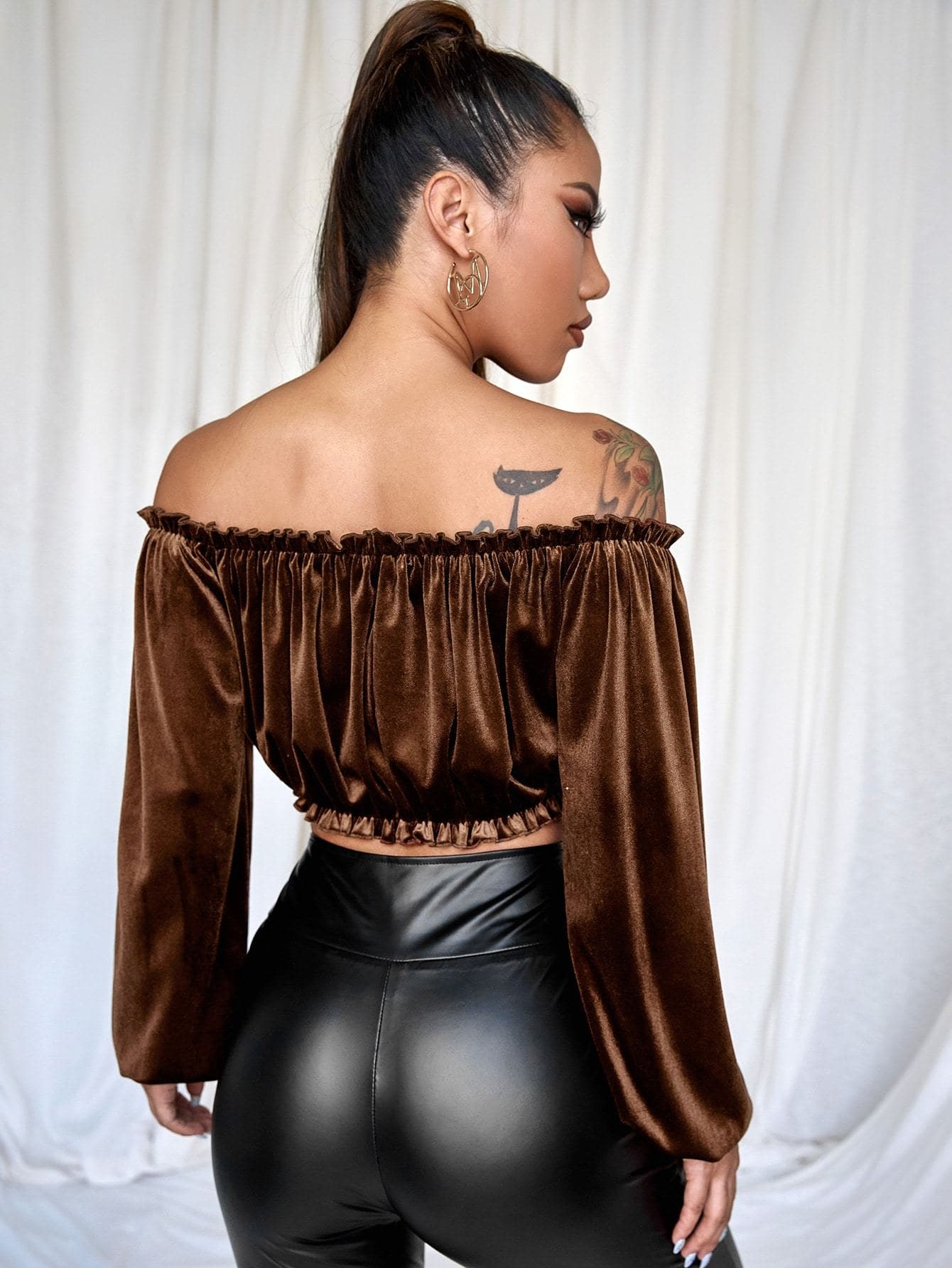 Off Shoulder Velvet Frill Trim Bishop Sleeve Bardot Top