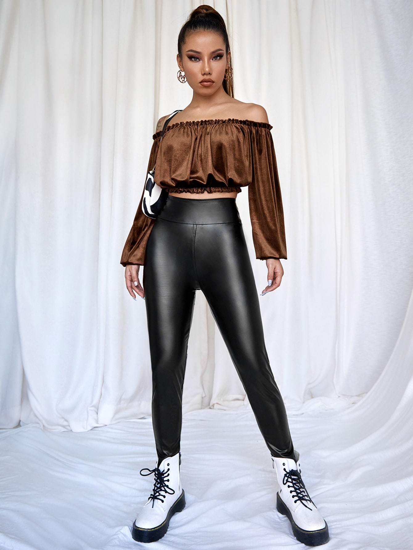 Off Shoulder Velvet Frill Trim Bishop Sleeve Bardot Top