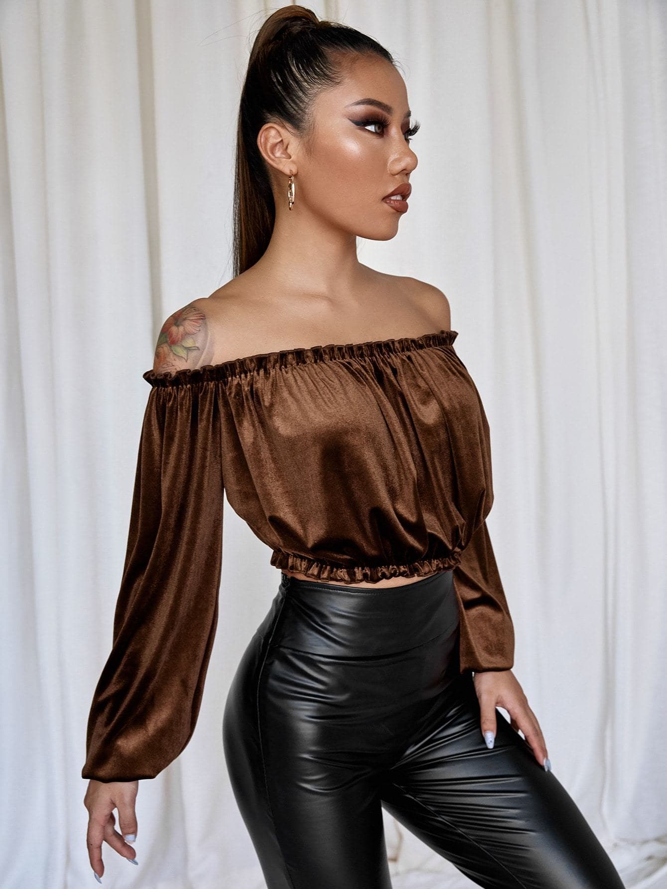 Off Shoulder Velvet Frill Trim Bishop Sleeve Bardot Top