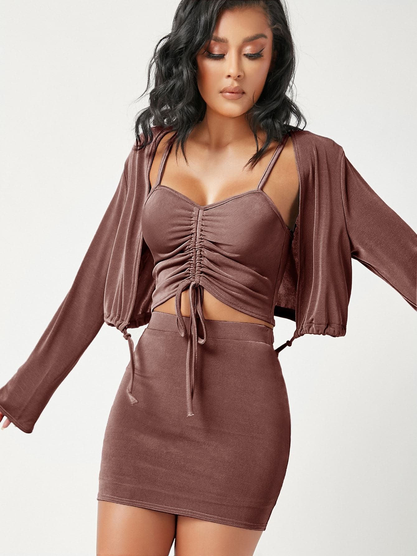 Spaghetti Strap Sleeveless Drawstring Ruched Bust Cami Top and Skirt Set With Jacket