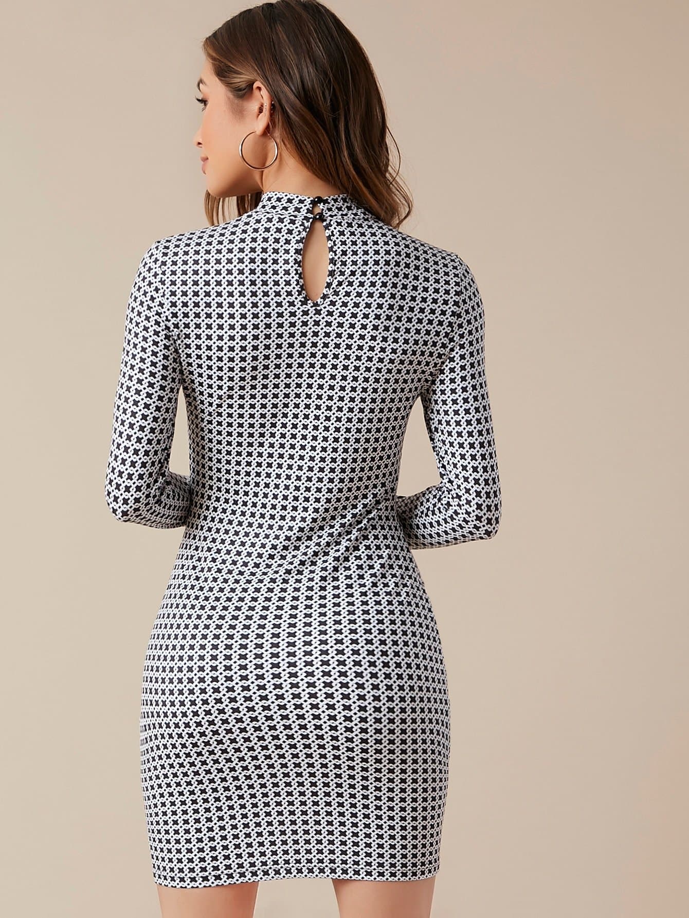 Stand Collar Mock-neck Geo Print Slim Fit Dress