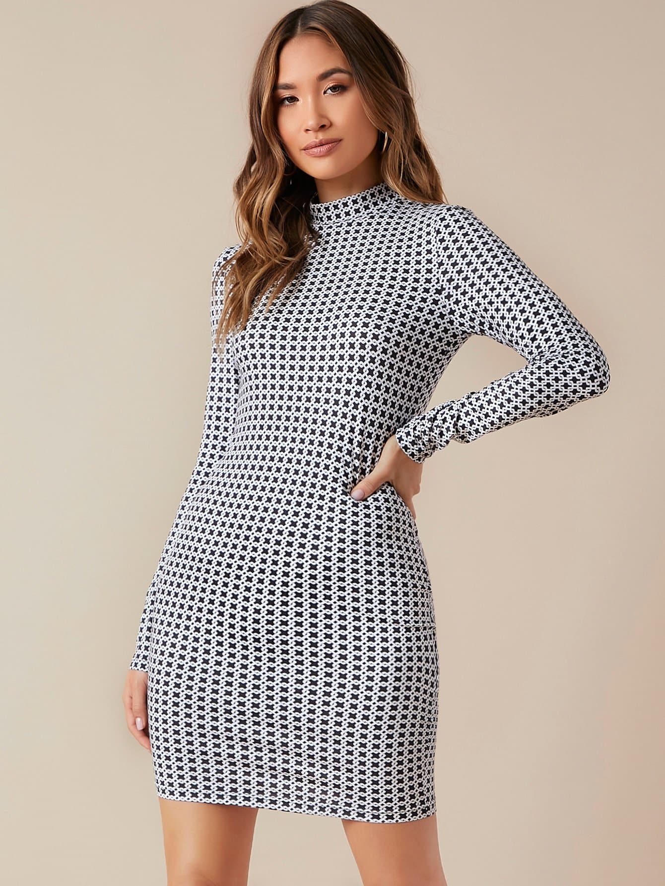 Stand Collar Mock-neck Geo Print Slim Fit Dress