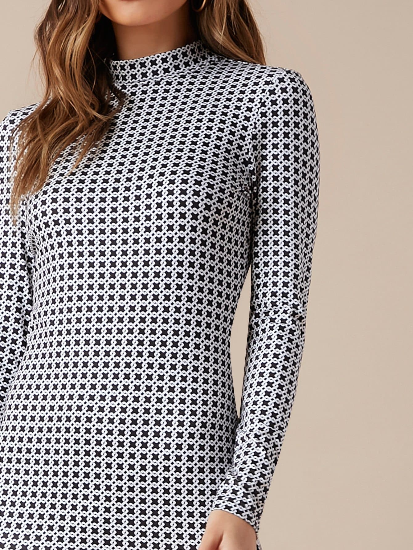 Stand Collar Mock-neck Geo Print Slim Fit Dress