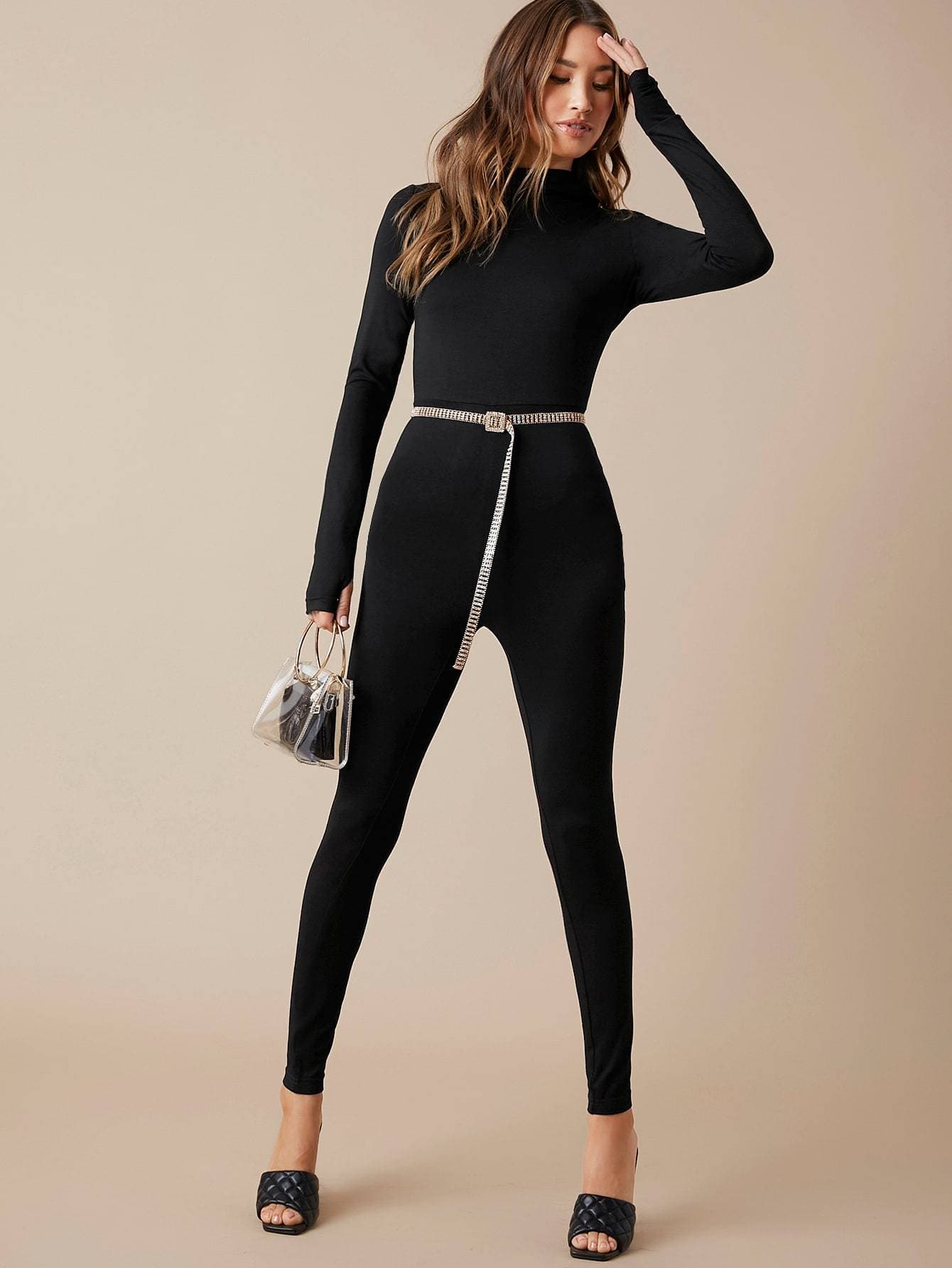 Solid Thumb Hole High Waist Skinny Unitard Jumpsuit With Neck Gaiter