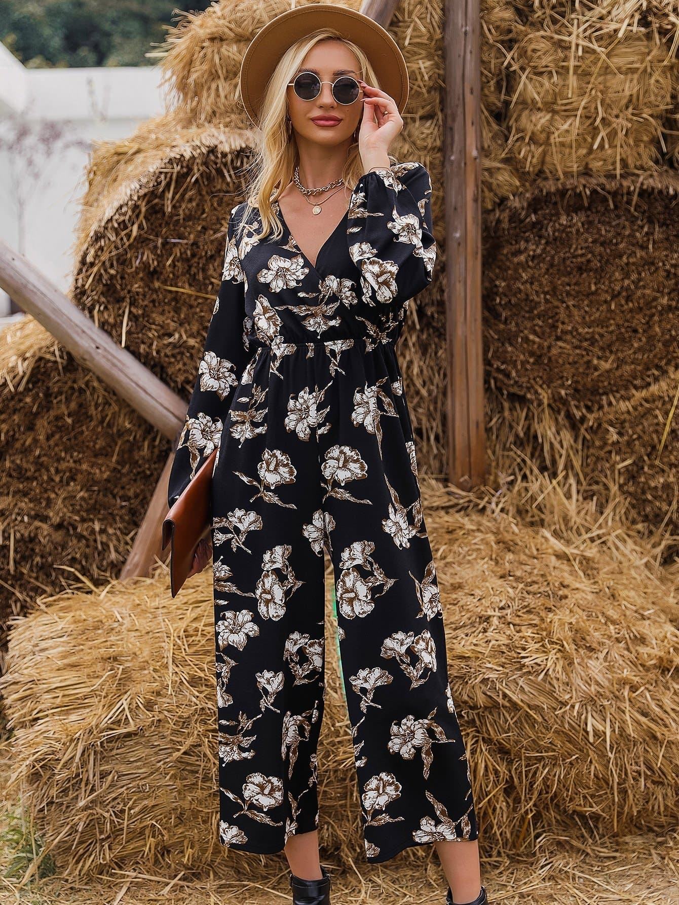 V-Neck High Waist Flower Print Cut Out Back Jumpsuit