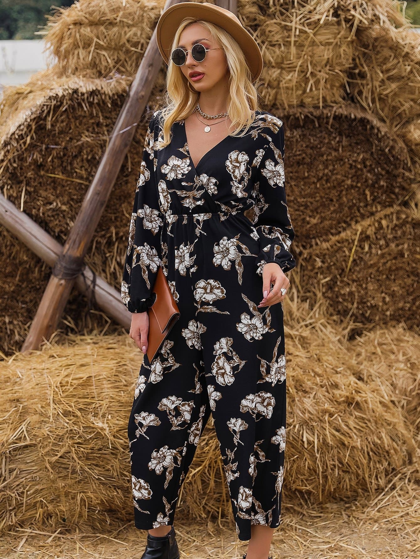 V-Neck High Waist Flower Print Cut Out Back Jumpsuit