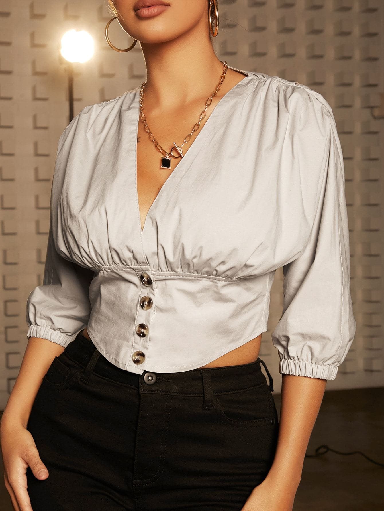 V-Neck Ruched Bust Buttoned Front Asymmetrical Hem Crop Top