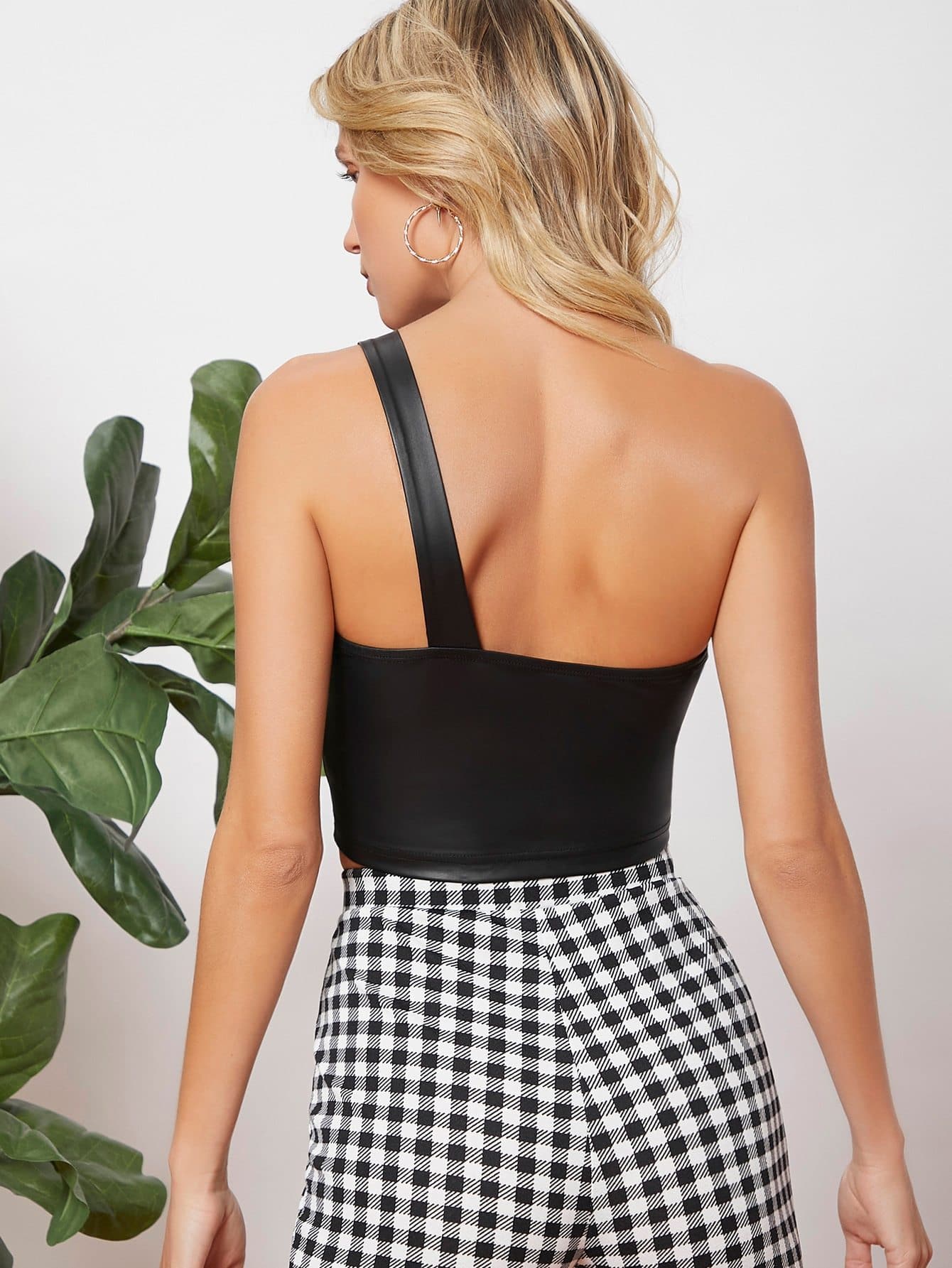 Black One Shoulder Sleeveless PU Leather Slim Fit Top