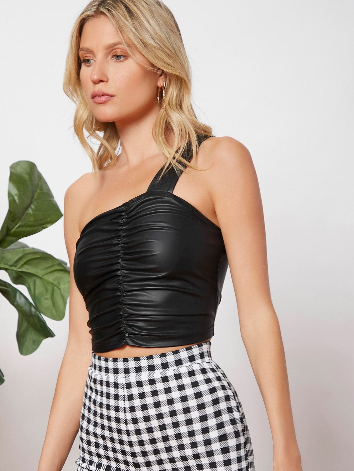 Black One Shoulder Sleeveless PU Leather Slim Fit Top