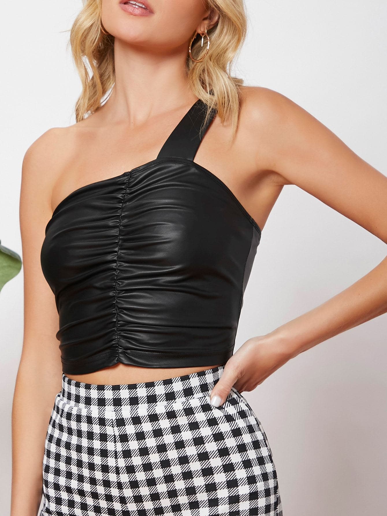 Black One Shoulder Sleeveless PU Leather Slim Fit Top
