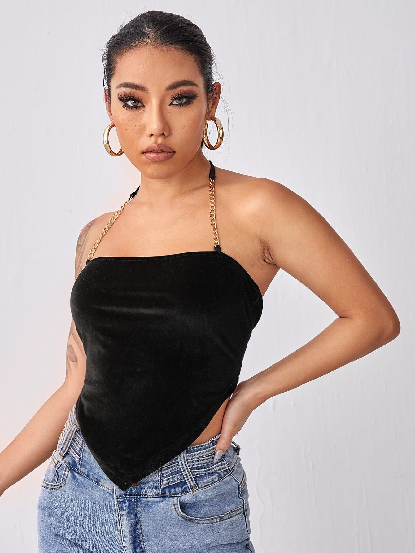 Backless Sleeveless Chain Strap Asymmetrical Hem Velvet Halter Top