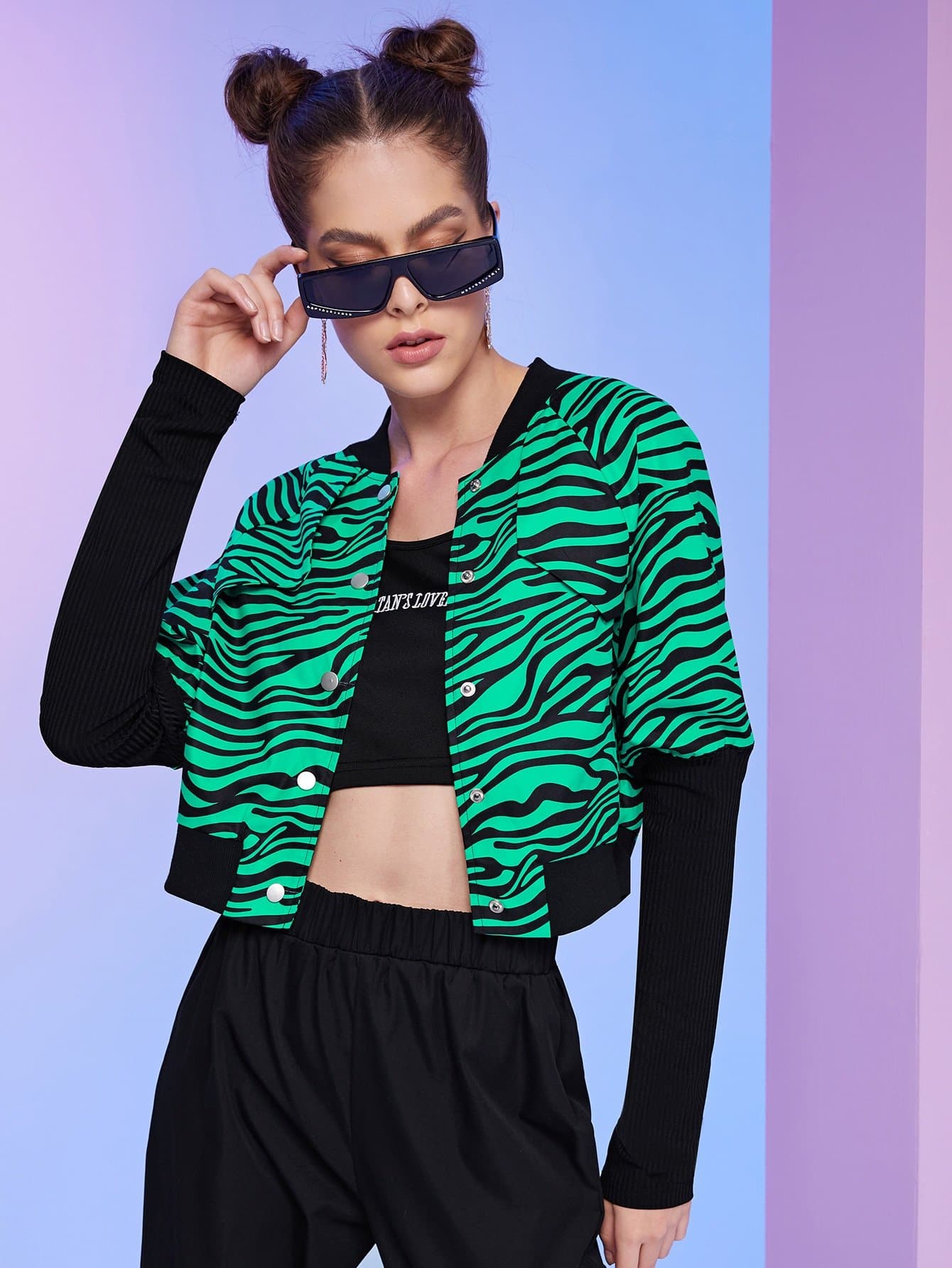 Single Breasted Zebra Striped Gigot Sleeve Bomber Jacket