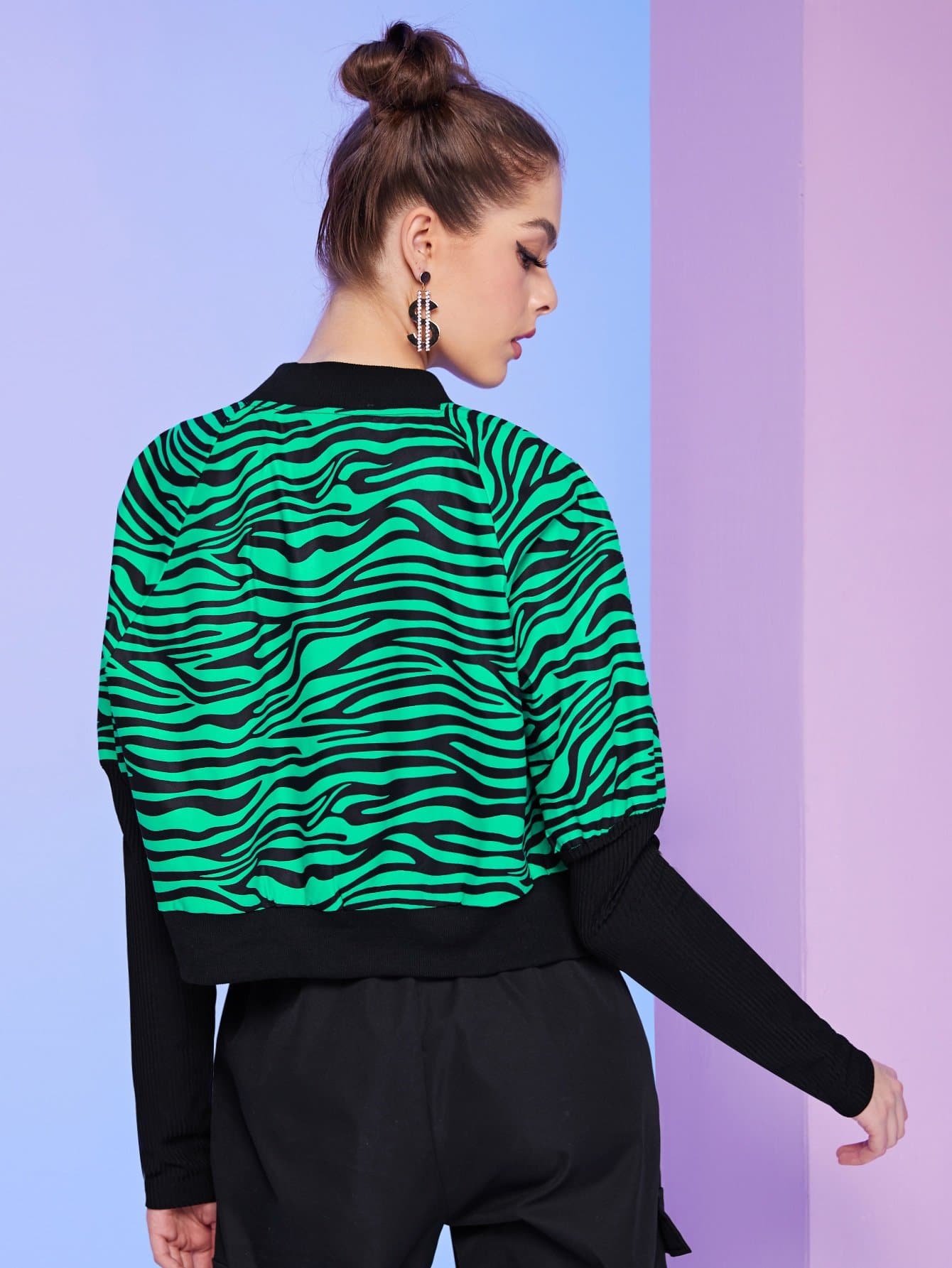 Single Breasted Zebra Striped Gigot Sleeve Bomber Jacket