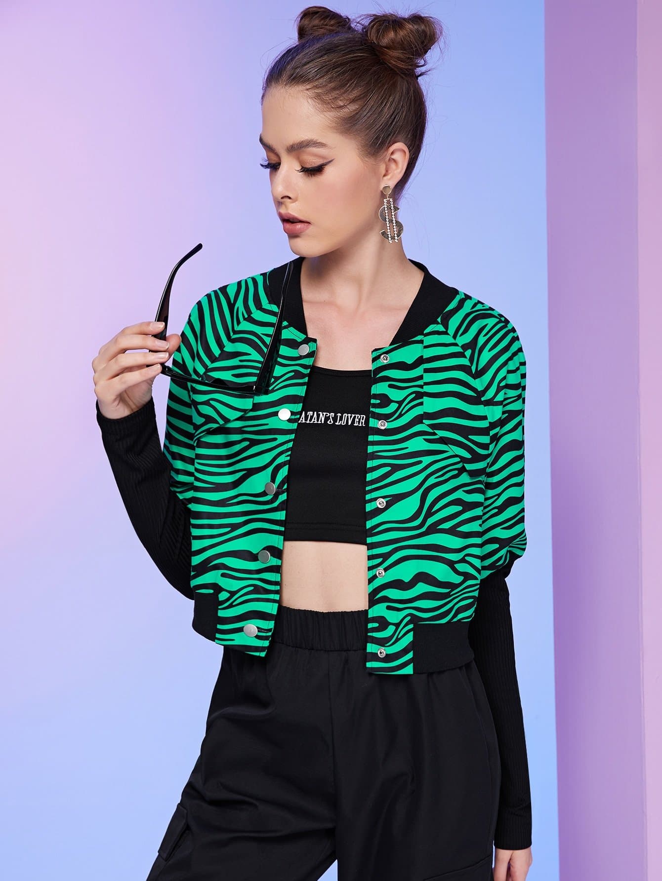 Single Breasted Zebra Striped Gigot Sleeve Bomber Jacket