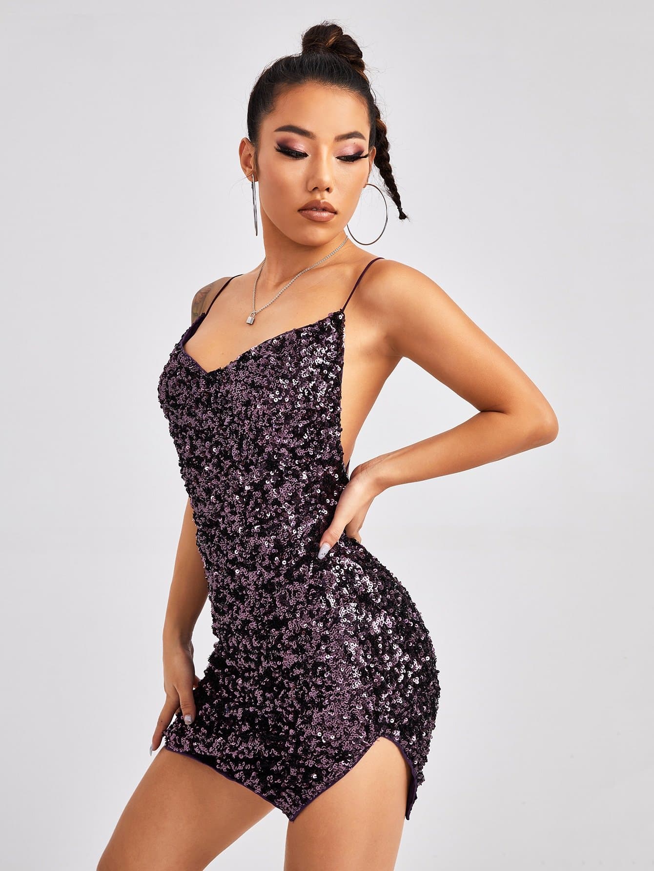 Spaghetti Strap Sleeveless Crisscross Backless Split Hem Sequin Slim Fit Dress