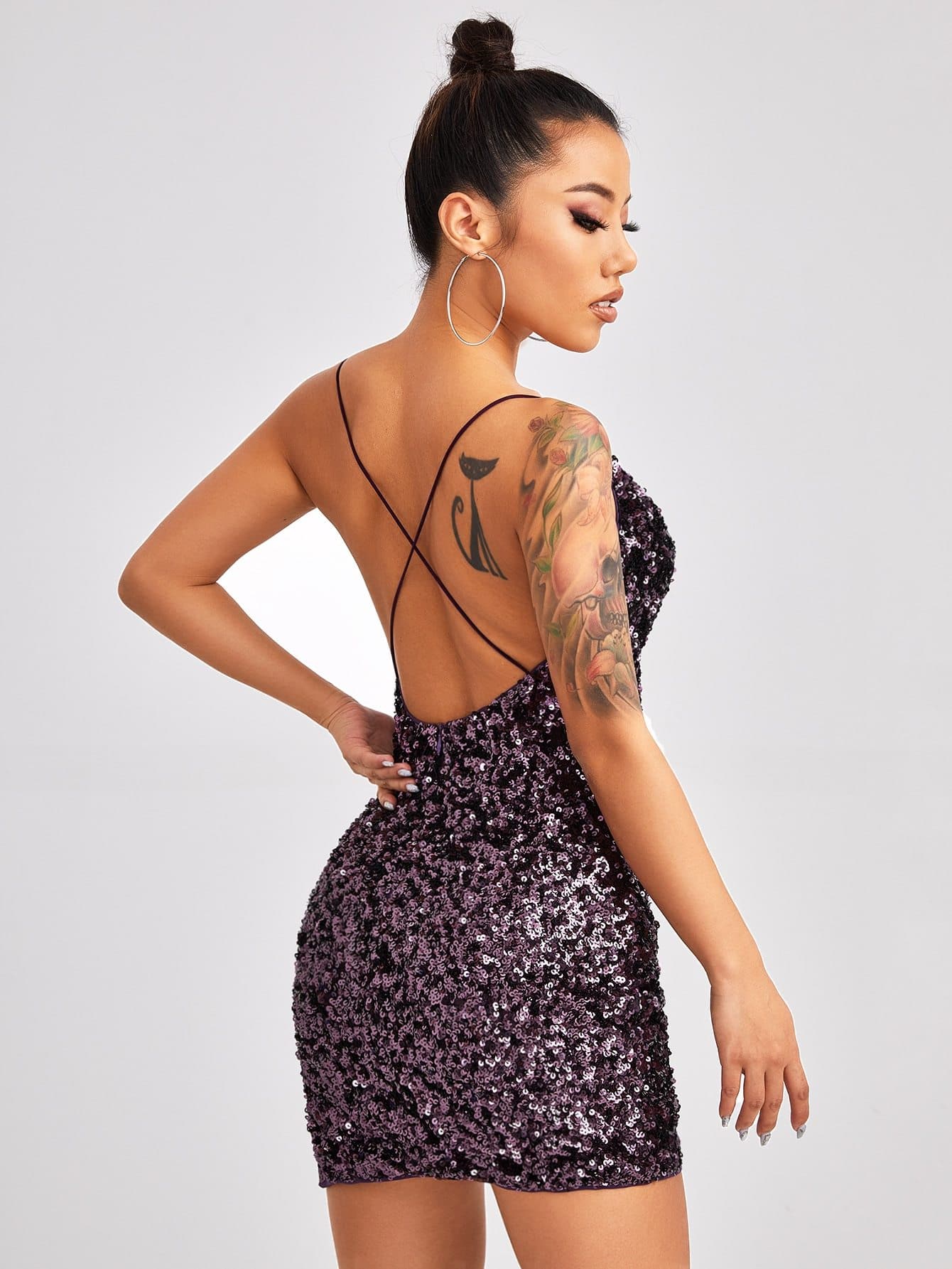 Spaghetti Strap Sleeveless Crisscross Backless Split Hem Sequin Slim Fit Dress