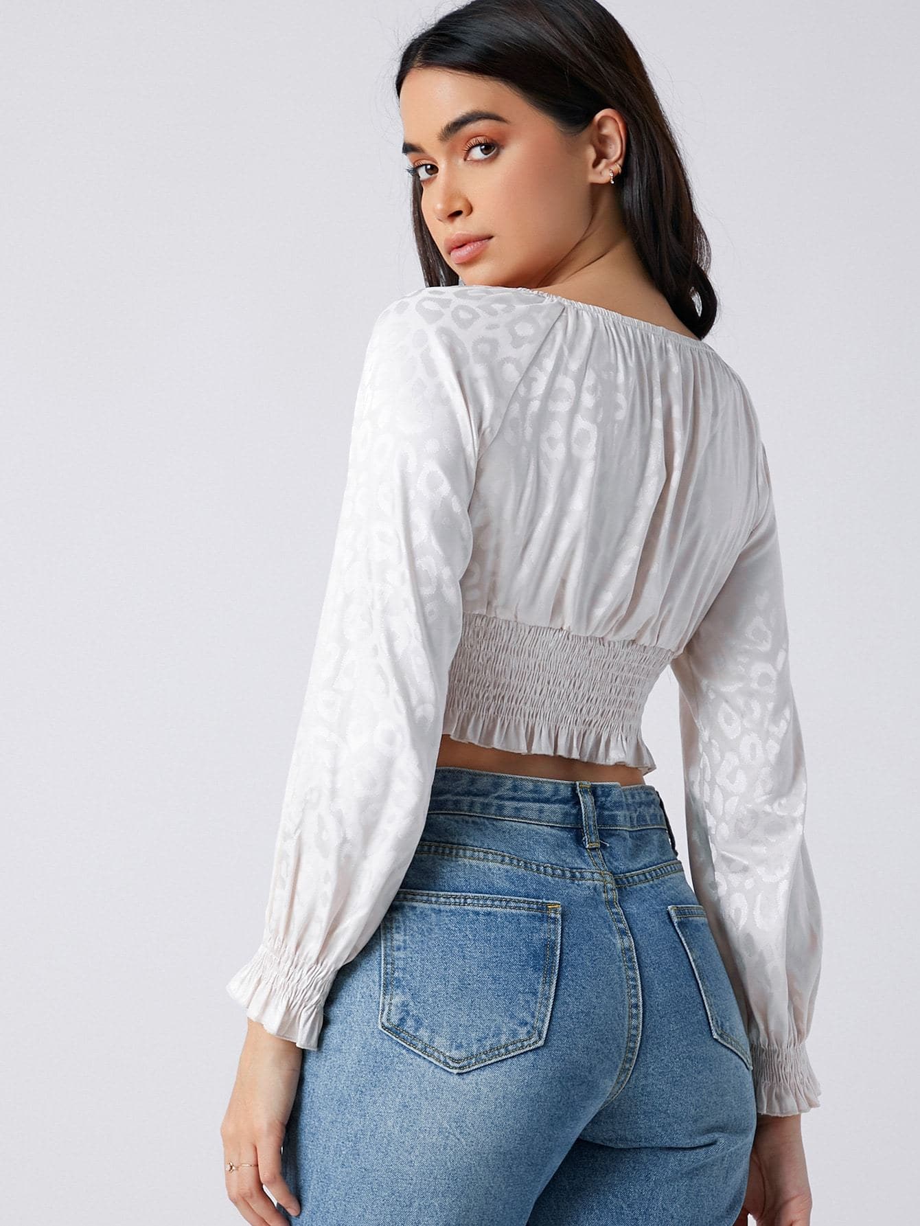 Tie Neck Shirred Panel Leopard Jacquard Satin Top