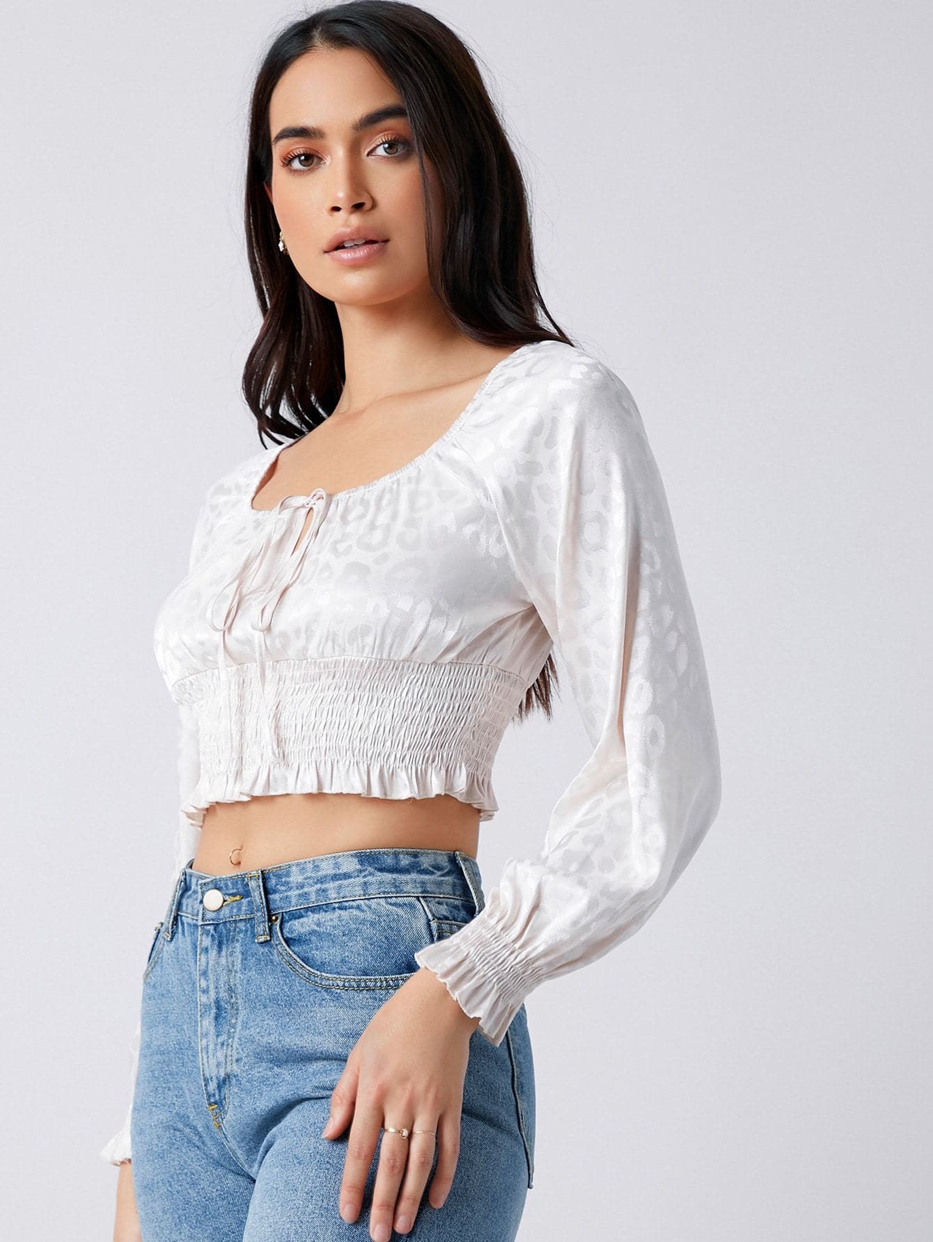Tie Neck Shirred Panel Leopard Jacquard Satin Top
