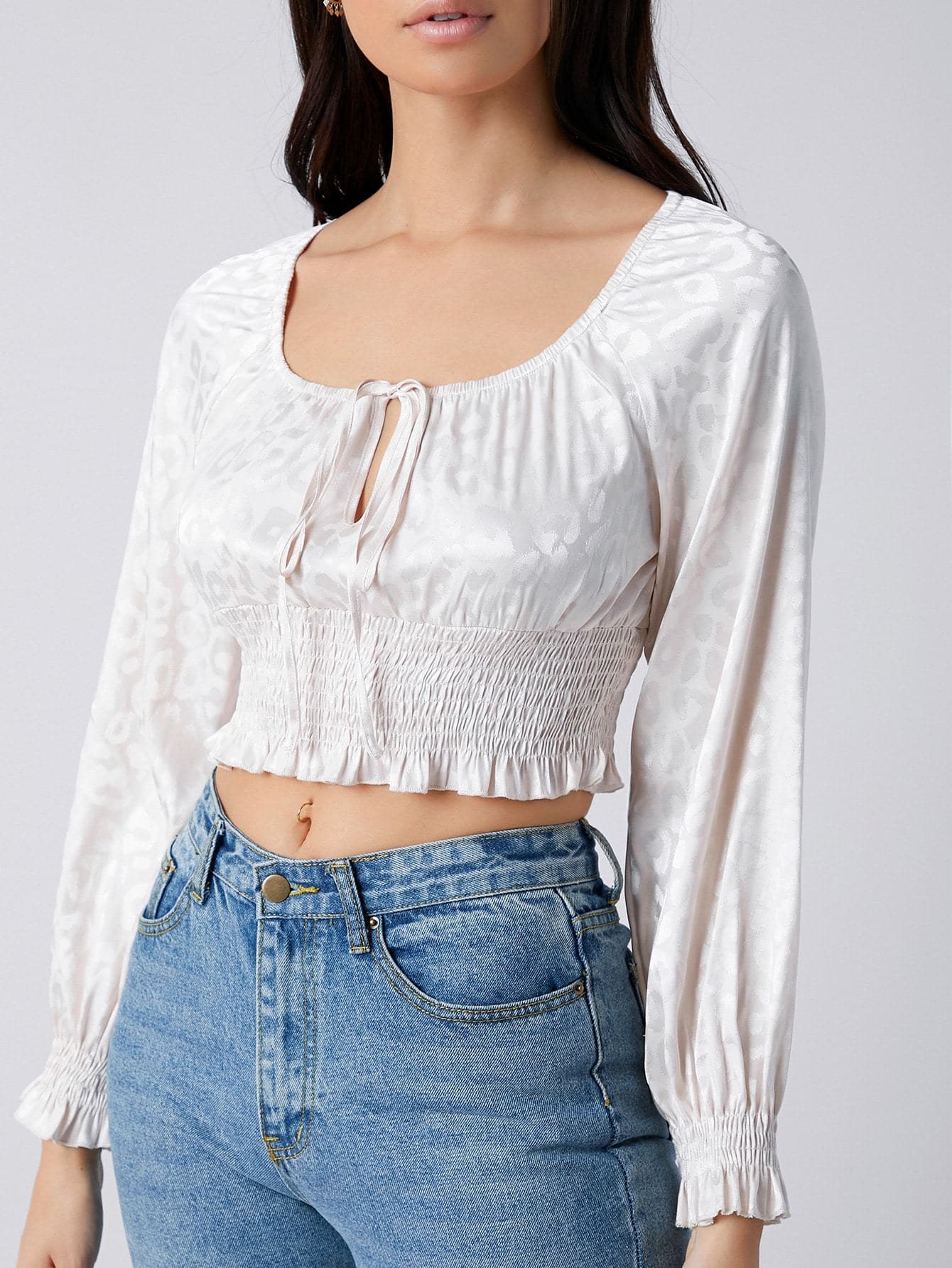 Tie Neck Shirred Panel Leopard Jacquard Satin Top