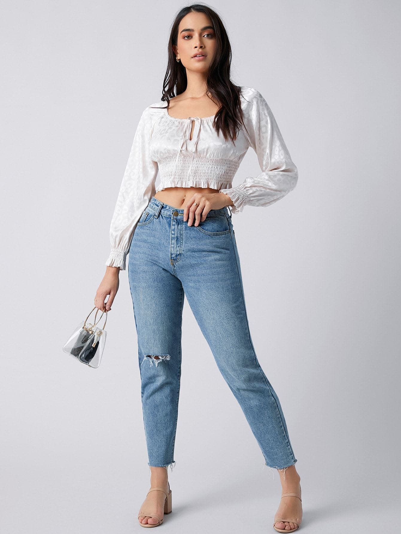 Tie Neck Shirred Panel Leopard Jacquard Satin Top