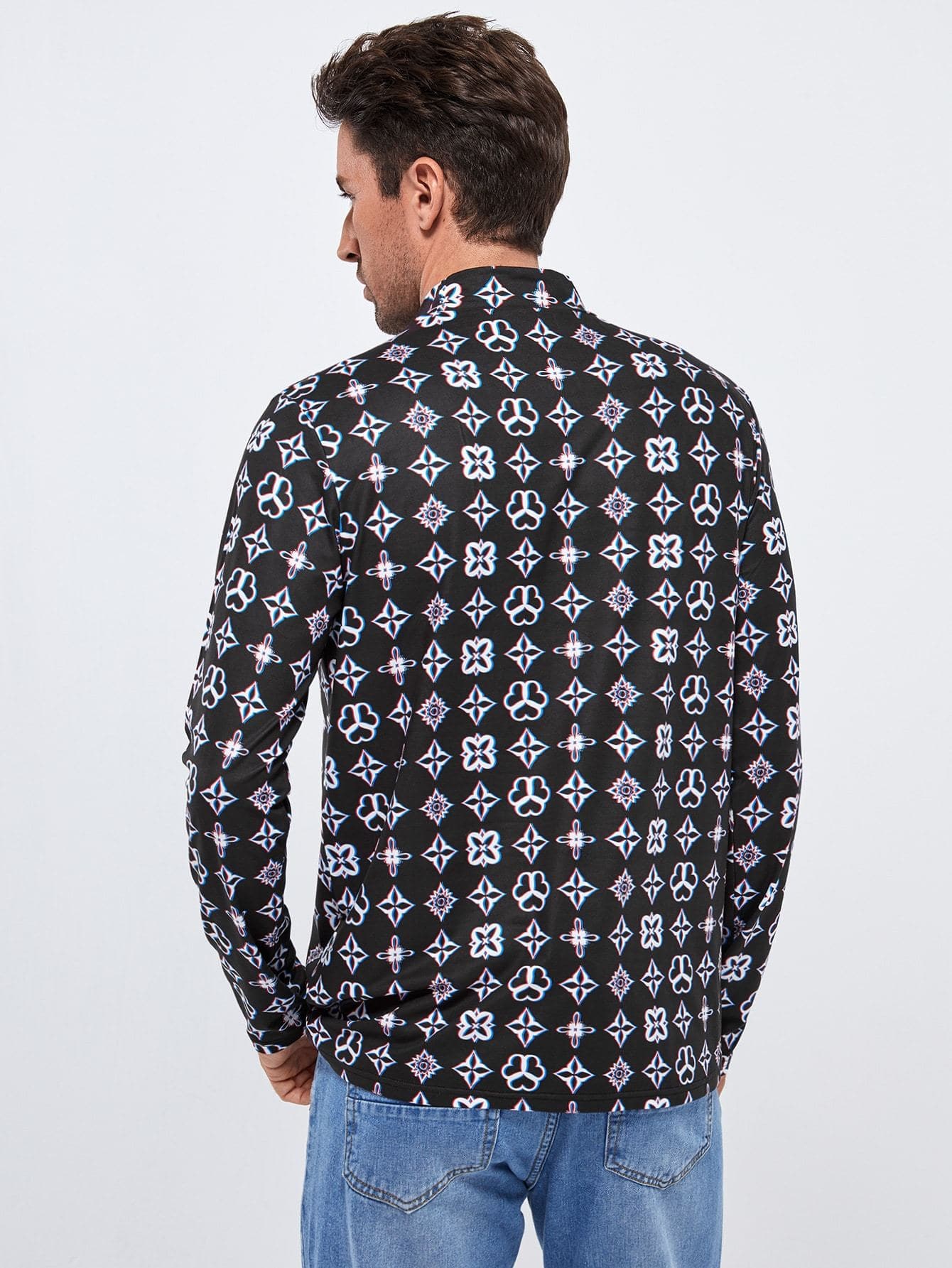 Black Stand Collar Mock Neck Geo Print Top