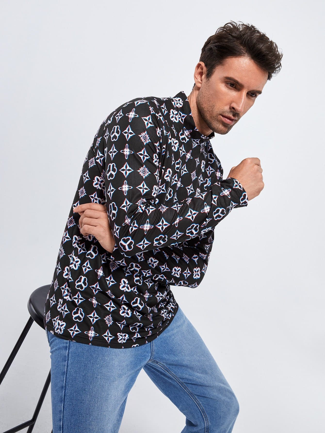 Black Stand Collar Mock Neck Geo Print Top