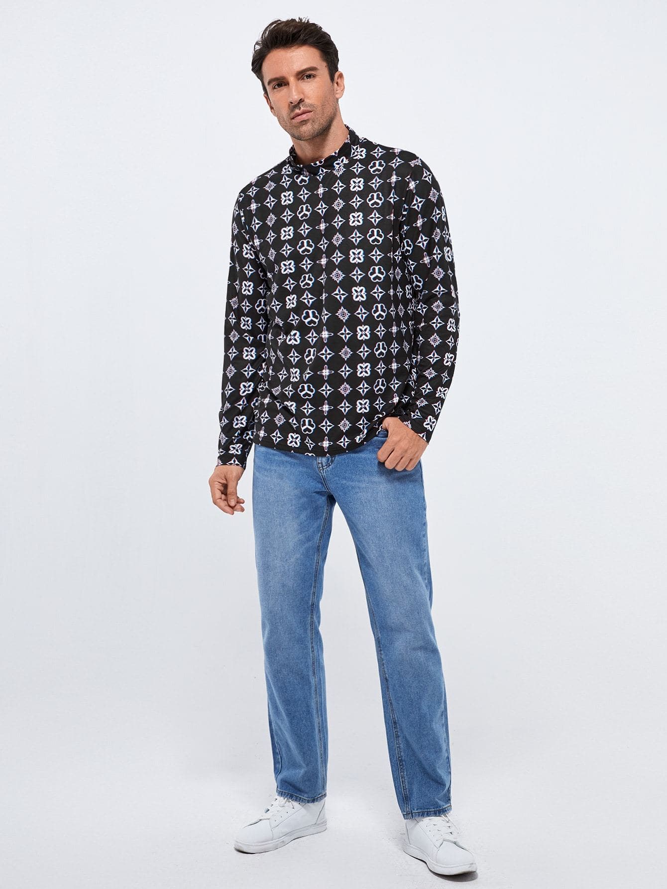 Black Stand Collar Mock Neck Geo Print Top
