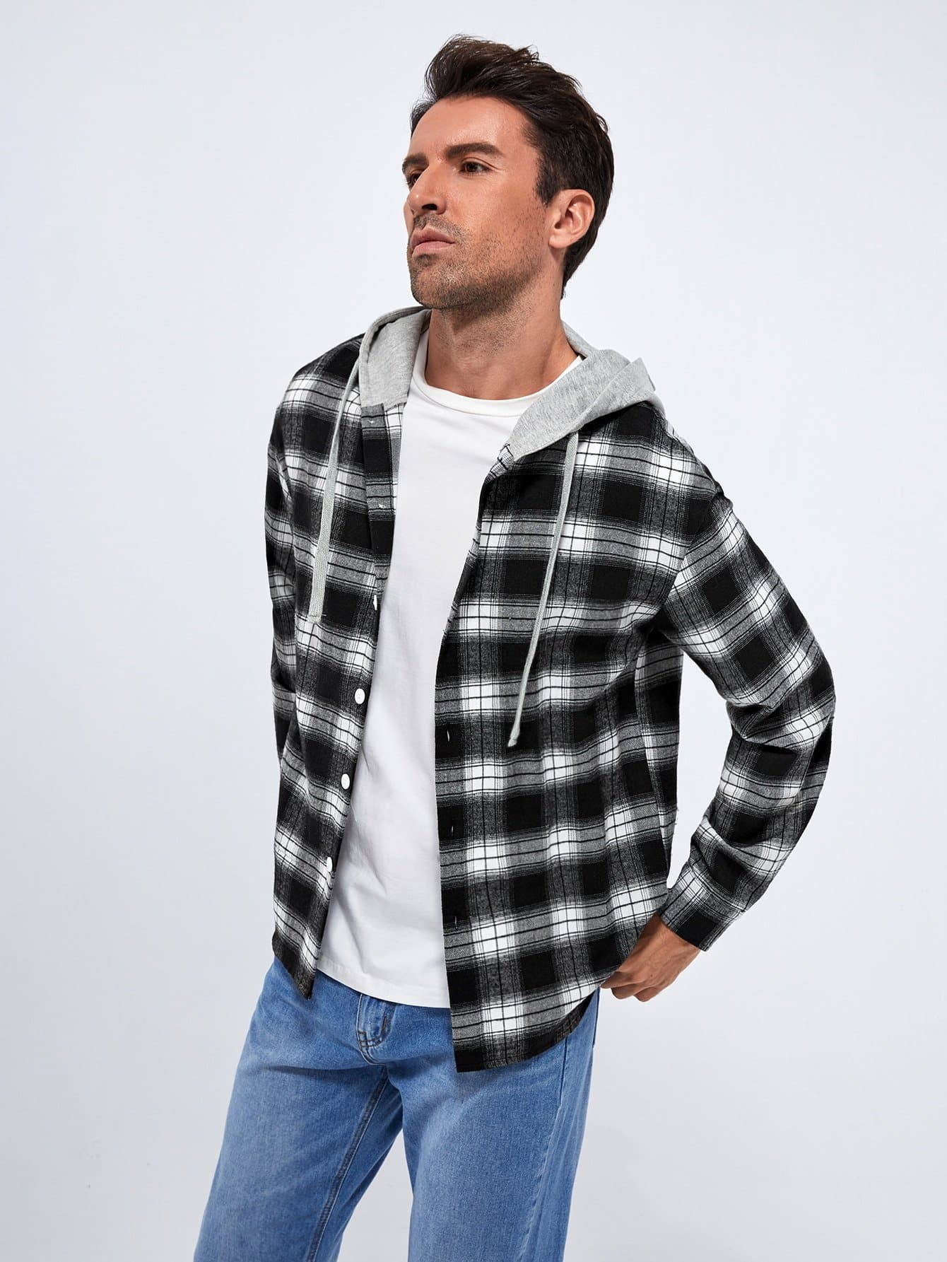 Black and White Drop Shoulder Plaid Hooded Shirt