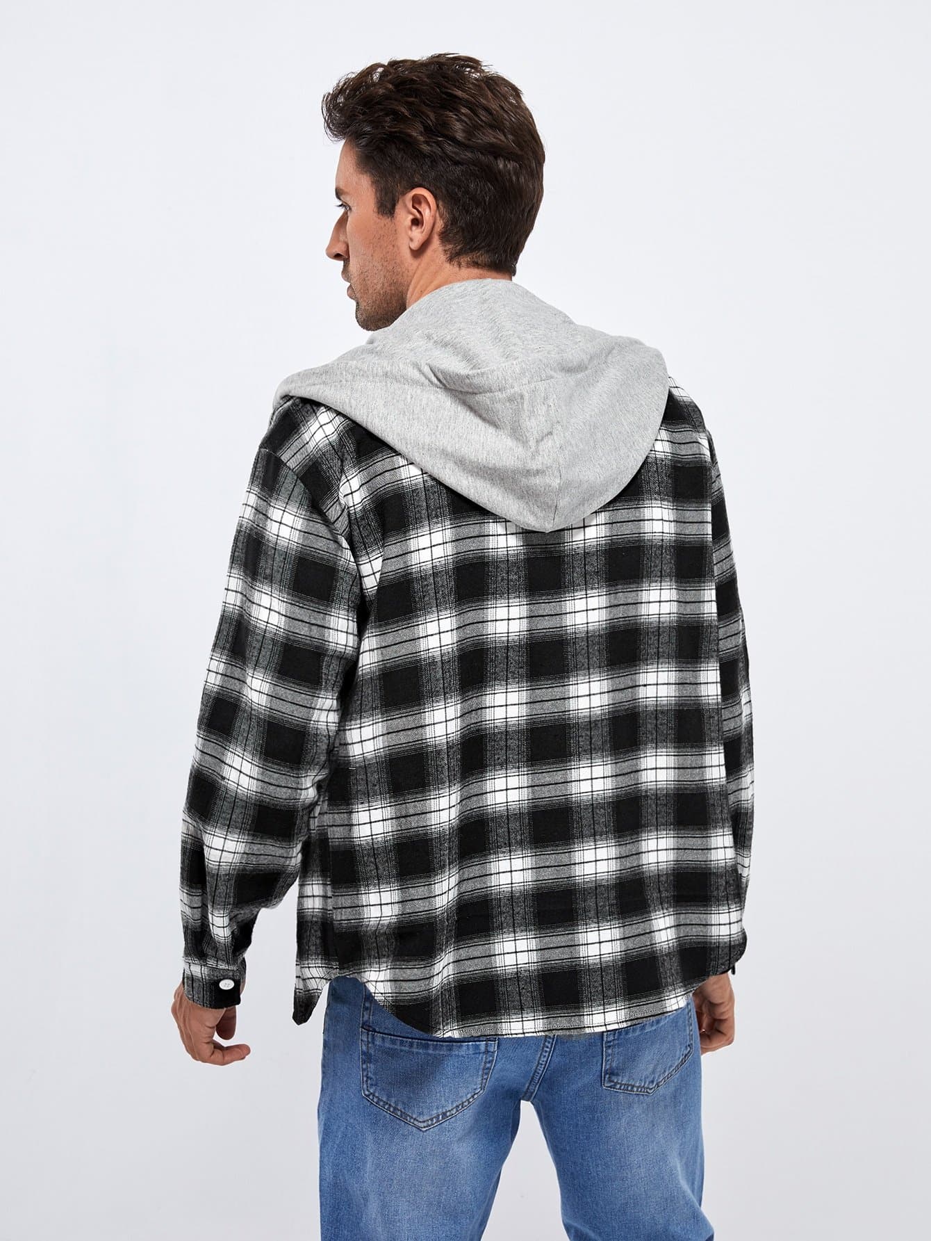 Black and White Drop Shoulder Plaid Hooded Shirt