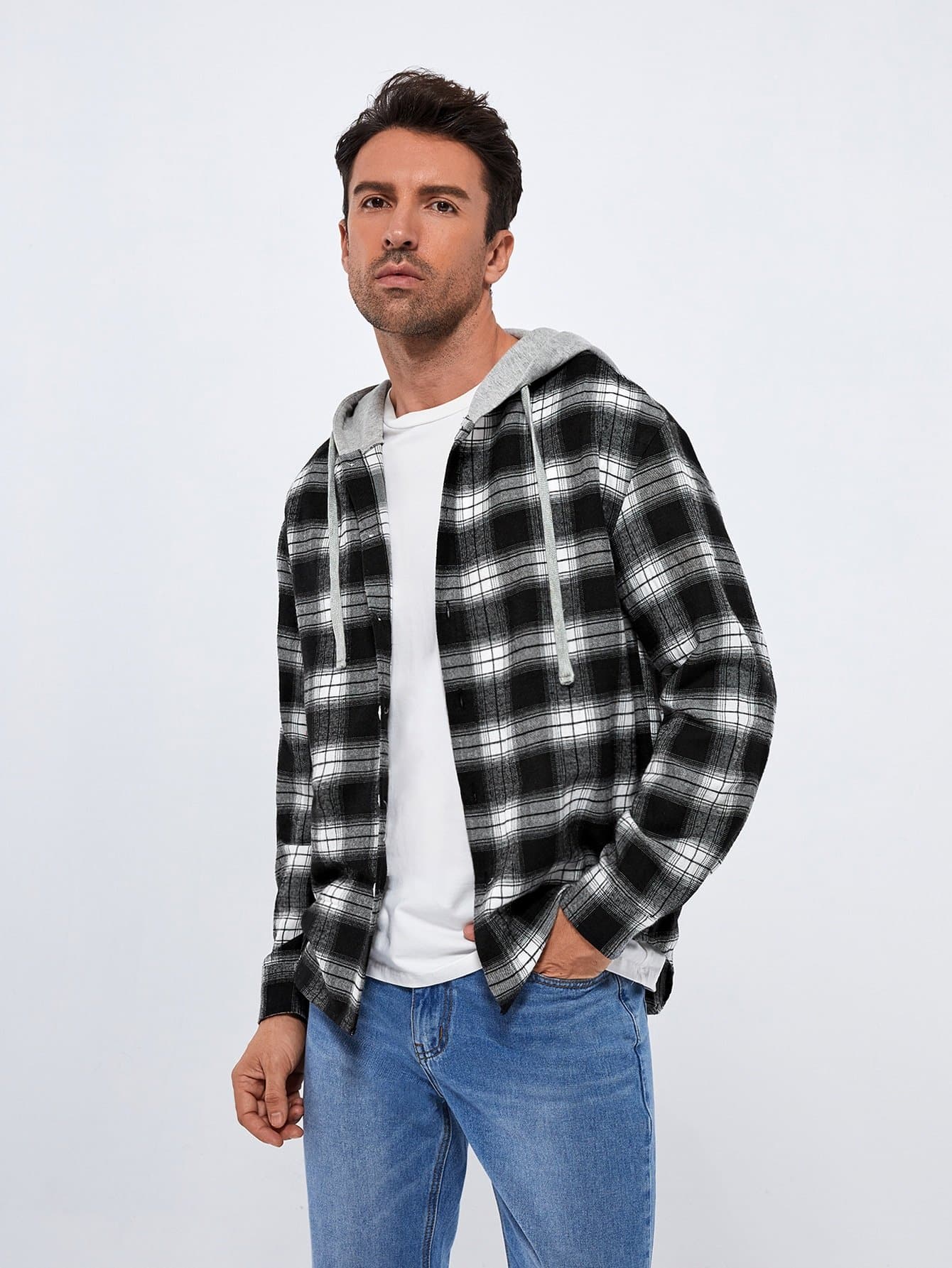 Black and White Drop Shoulder Plaid Hooded Shirt