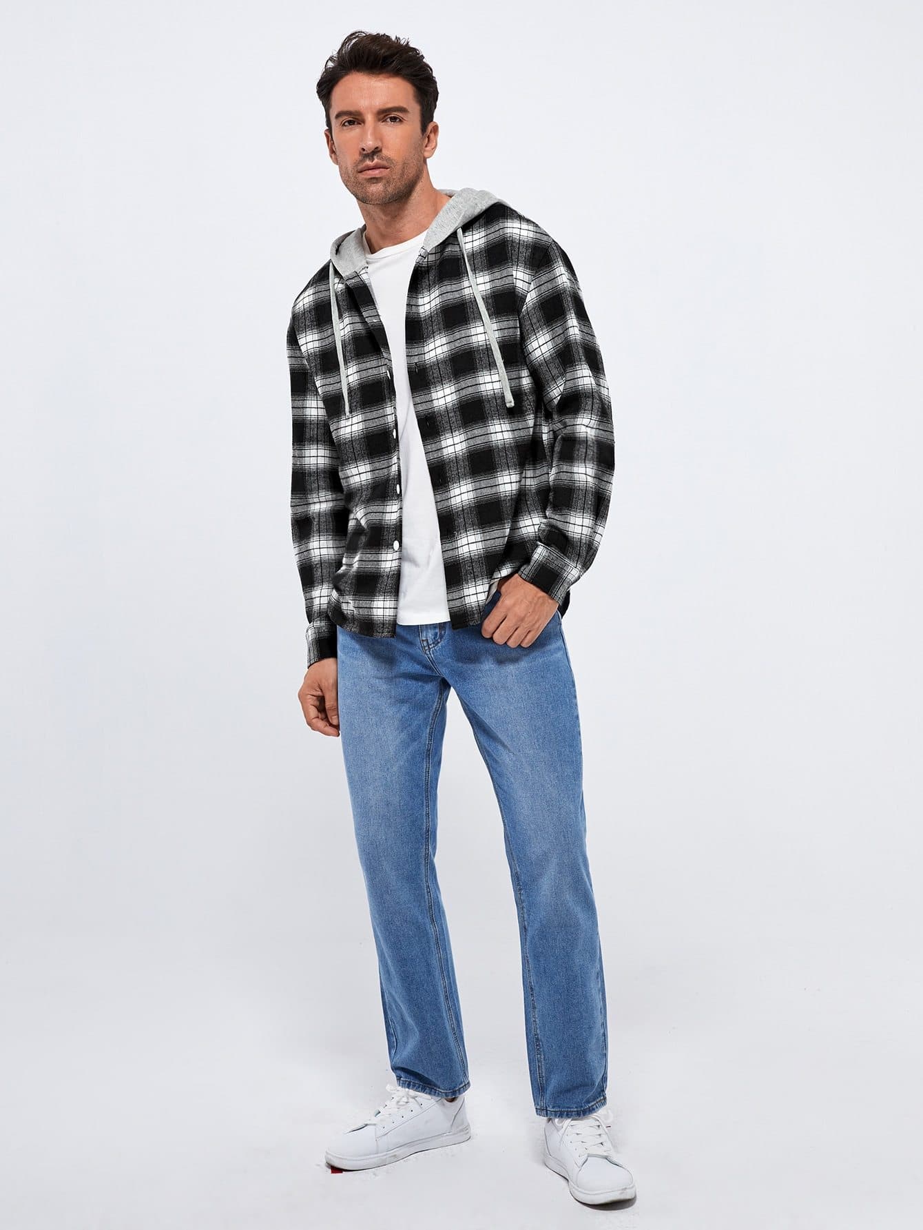 Black and White Drop Shoulder Plaid Hooded Shirt
