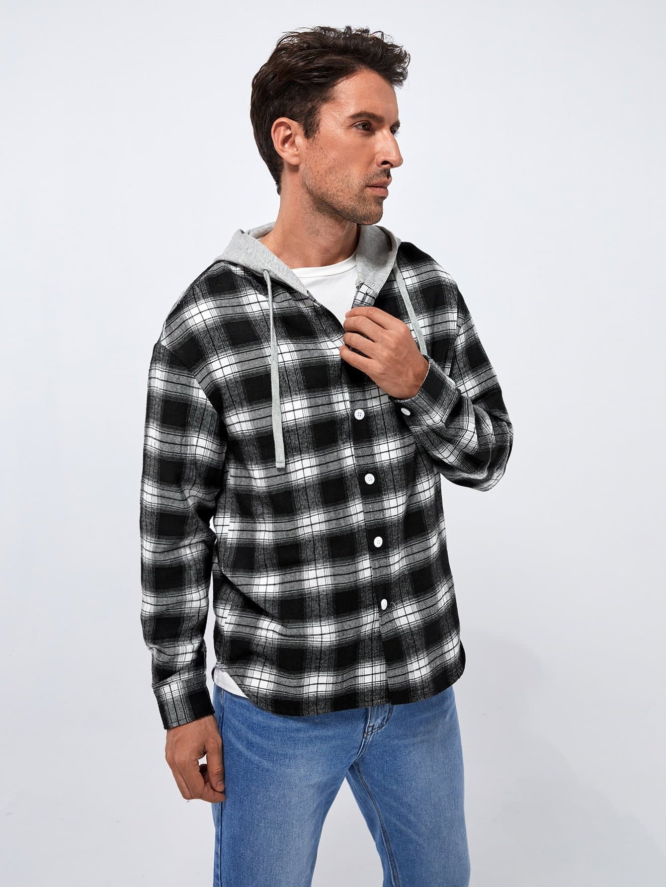 Black and White Drop Shoulder Plaid Hooded Shirt