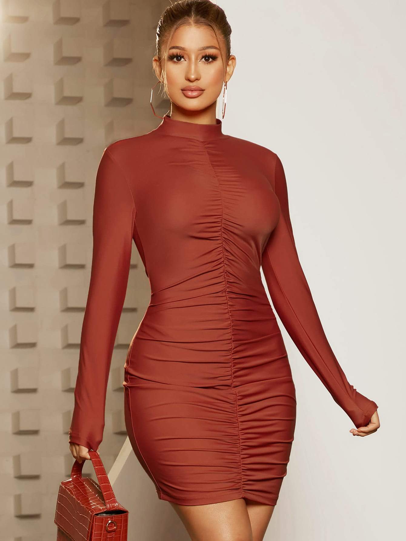 Stand Collar Mock-Neck Ruched Slim Fit Dress