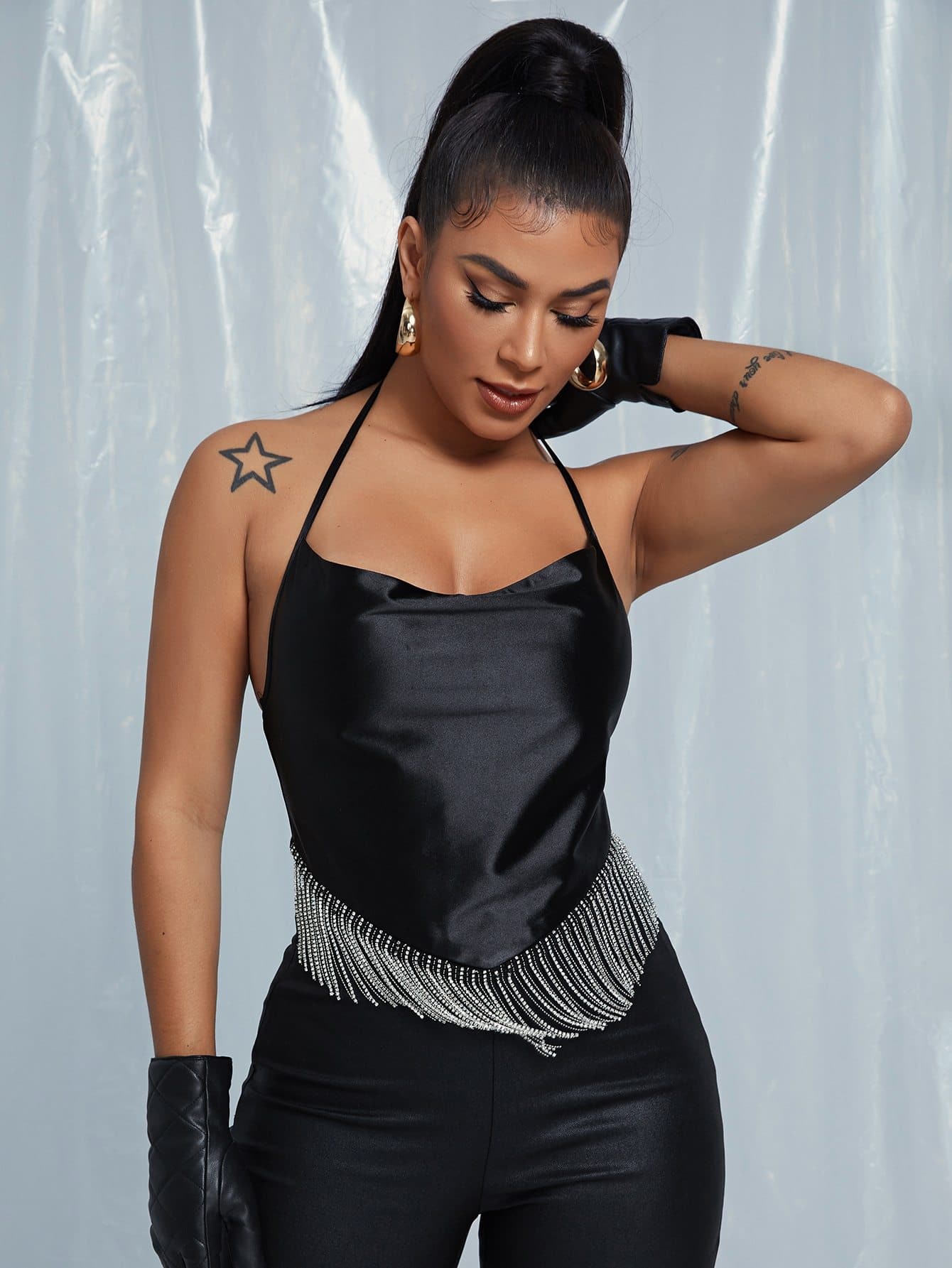 Self Tie Fringe Hem Halter Crop Top