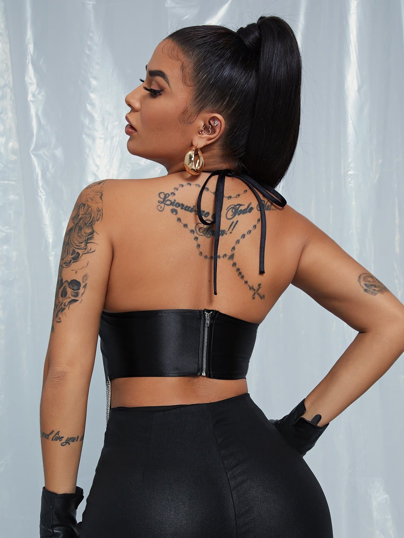 Self Tie Fringe Hem Halter Crop Top