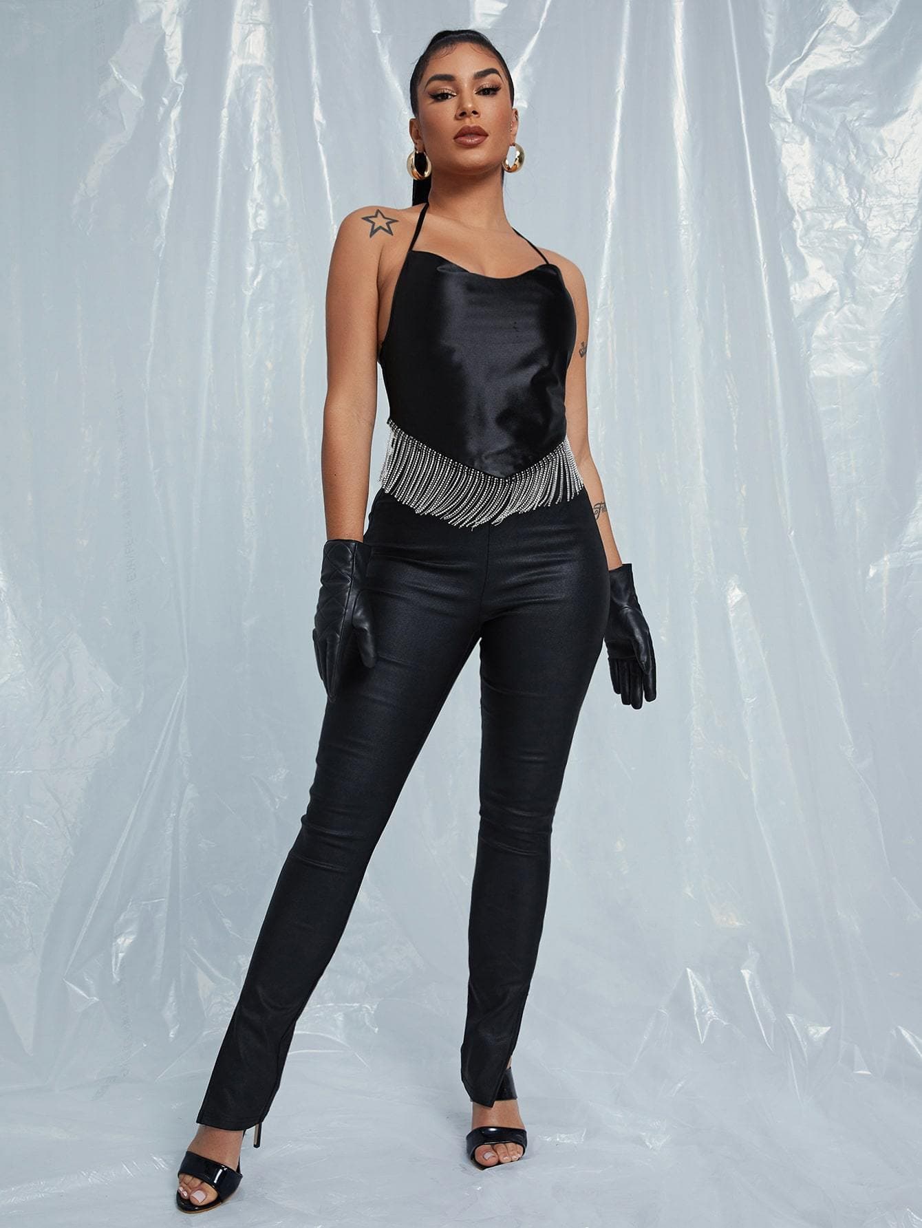 Self Tie Fringe Hem Halter Crop Top