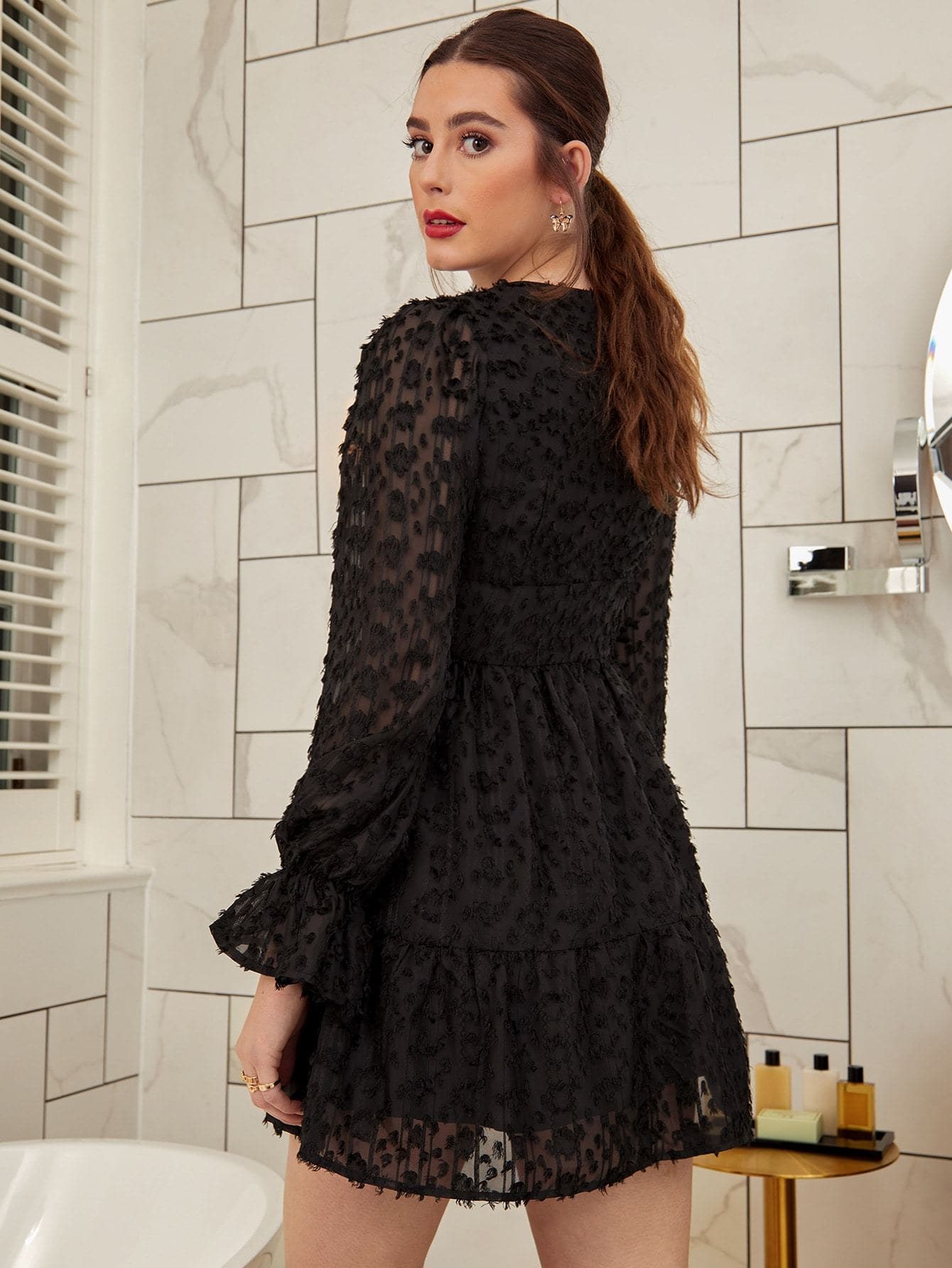 Black Bell Sleeve Ruffle Hem Jacquard Applique V-Neck High Waist Dress