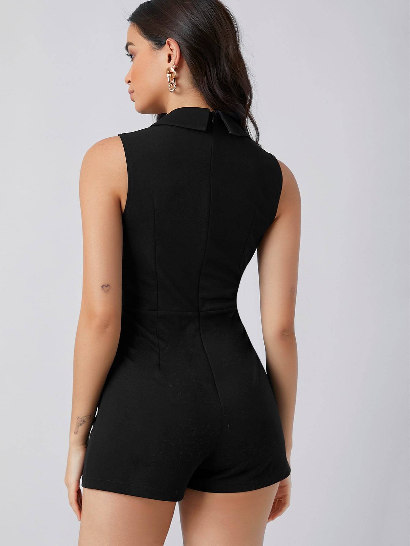 Black Notched Collar Buttoned Front Sleeveless Romper