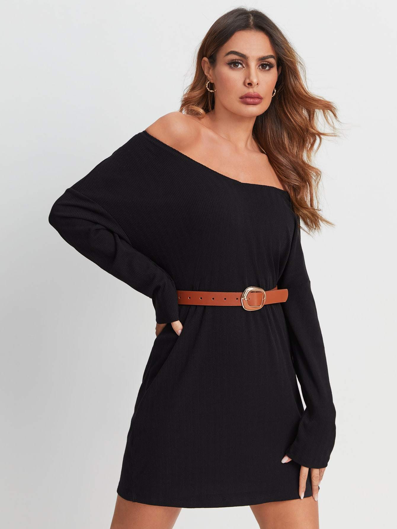 Off Shoulder Rib-knit Short Dress