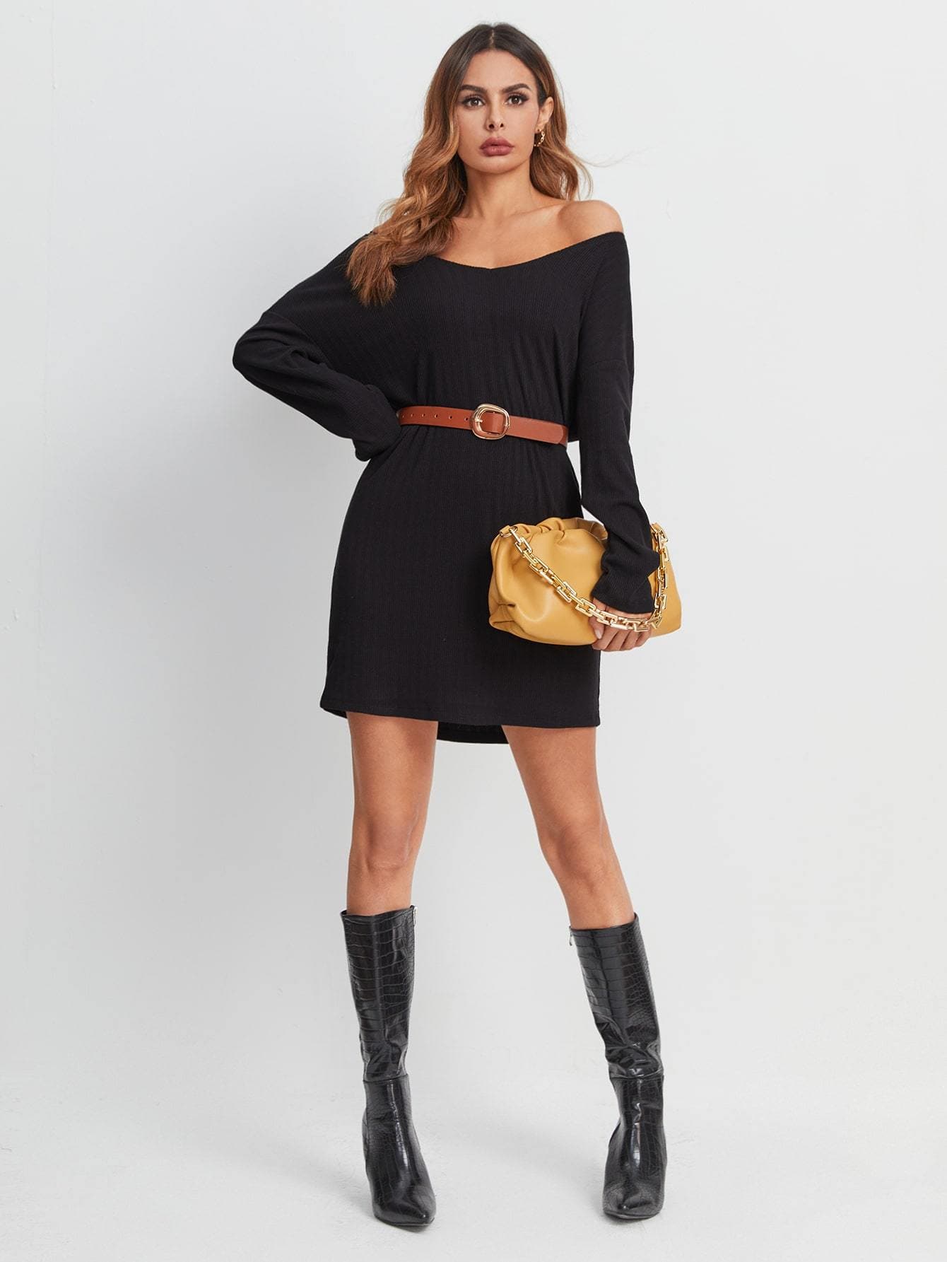 3aOff Shoulder Rib-knit Short Dress